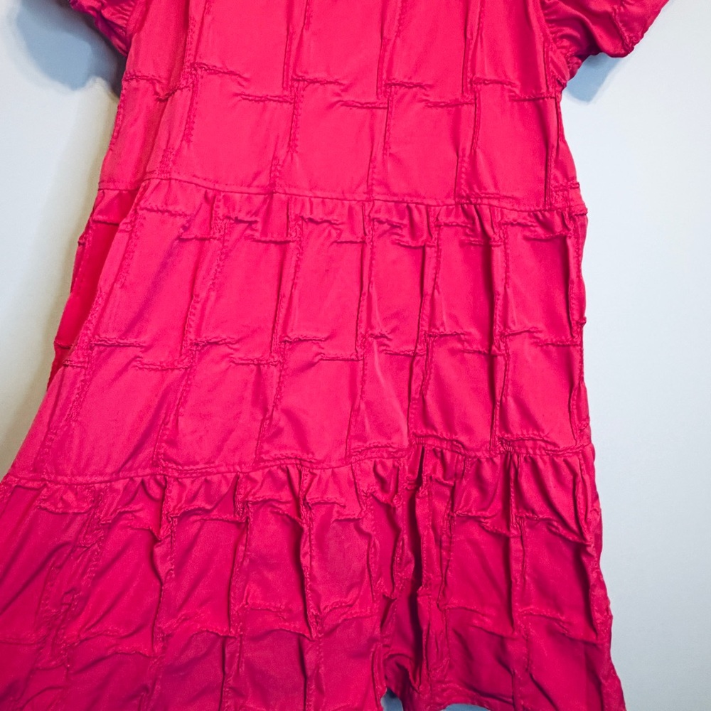 Textured Hot Pink Mini Dress with Puff Sleeves - Picture 6 of 6